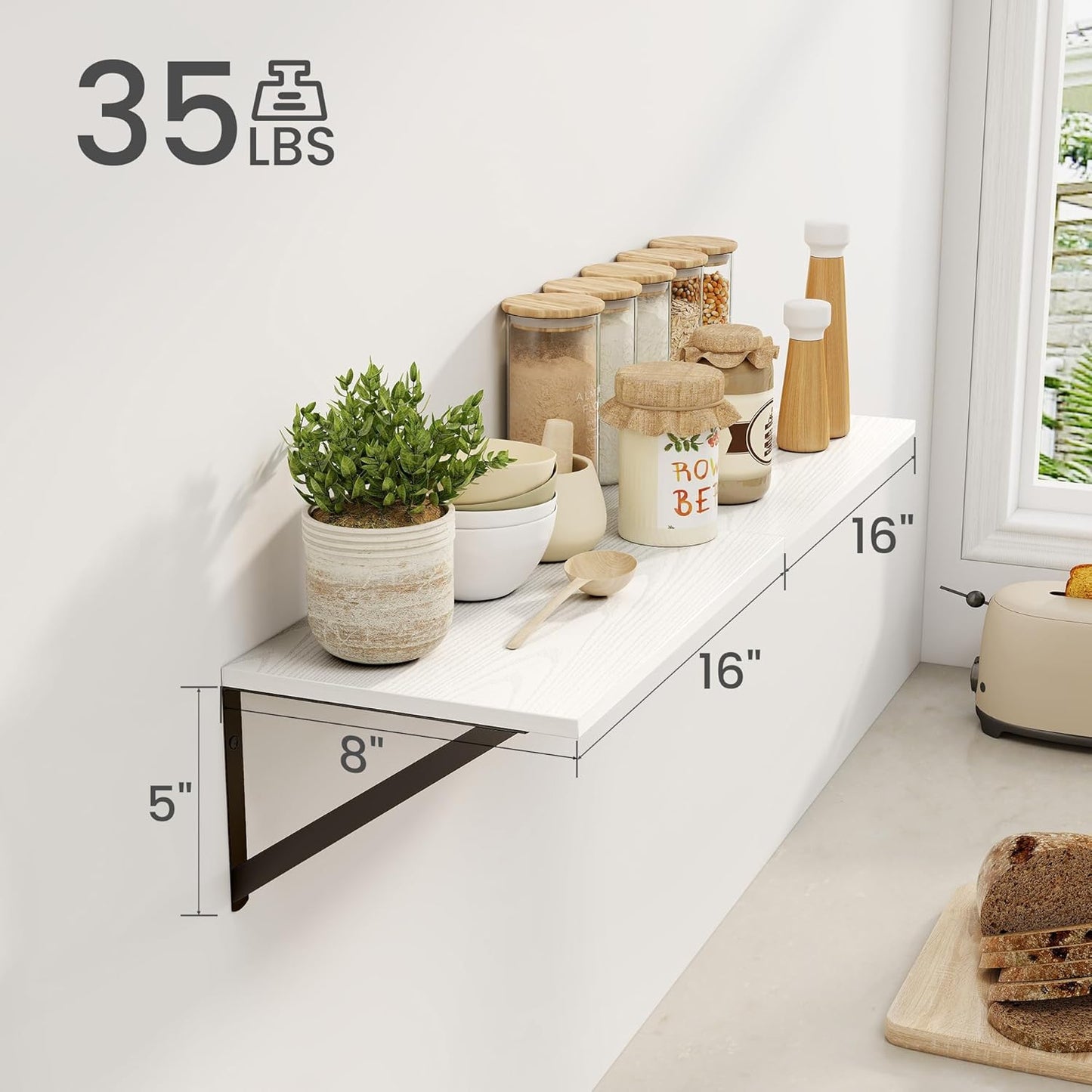 Heimlove White Deep Floating Shelves for Wall, 16W x 8D Wood Wall Shelves Set of 2, Wide Floating Bookshelf for Living Room, Kitchen, Office, Bedroom and Decor Storage, with Black Bracket - White