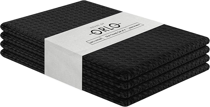 Black Waffle Kitchen Towels, 16x26 Inches, Absorbent, Soft, and Durable, Quick Drying, Reusable, Machine Washable, 100% Cotton, Perfect for Cleaning, Multipurpose Dish Towels, Set of 4