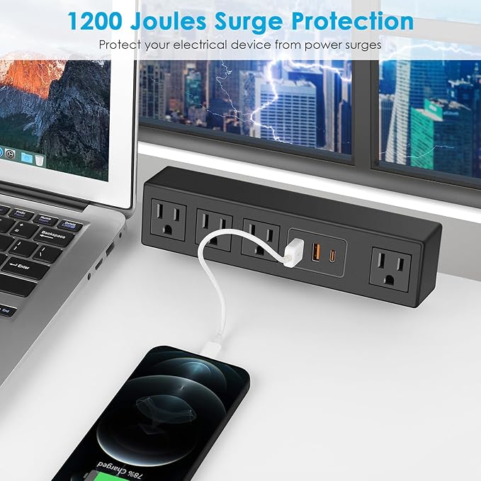 CCCEI Desk Clamp Power Strip with 45W USB-C Ports, Desktop Mount Surge Protector 1200J, Widely Spaced Desk Outlet Station, Fast Charging, 6 FT Flat Plug, Fit 1.9 inch Tabletop Edge.