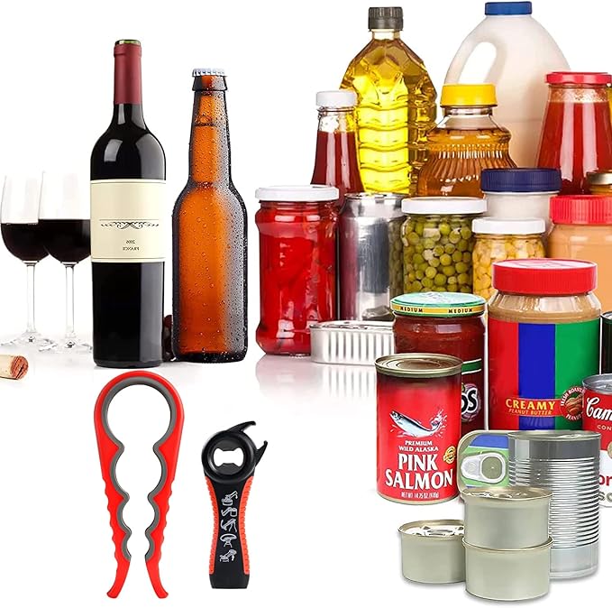 Jar Opener Bottle Opener for Weak Hands, 5 in 1 Multi Function Can Opener Bottle Opener Kit with Silicone Handle Easy to Use for Children, Elderly and Arthritis Sufferers, Red