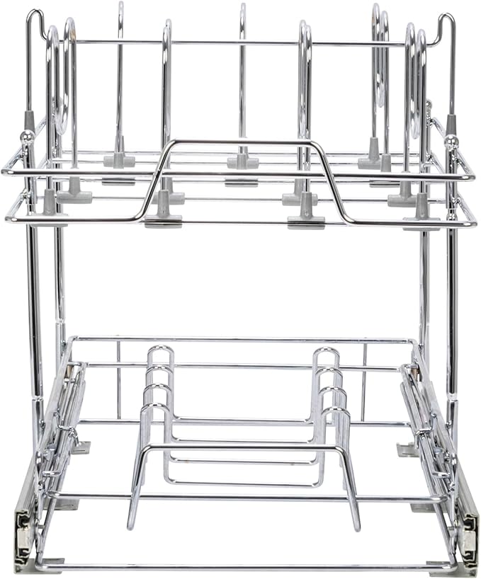 Household Essentials Glidez Multipurpose Chrome-Plated Steel Pull-Out/Slide-Out Basket Storage Organizer for Pots and Lids - 2-Tier Dual-Slide Design - Fits Standard Size Cabinet or Shelf, Chrome