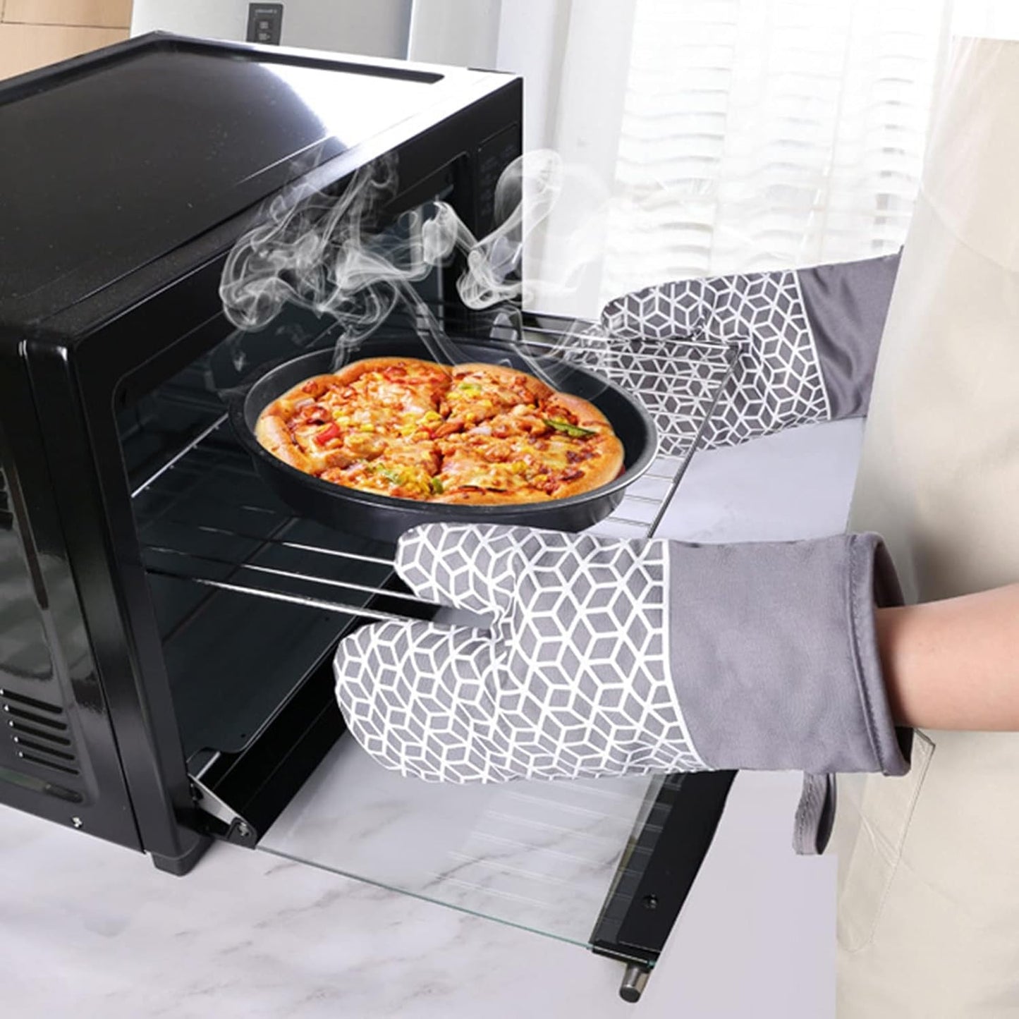 Oven Mitts and Pot Holders Sets 6pcs, Thick Cotton Oven Gloves High Heat Resistant 500℉with Extra Long Oven Mitts and Hot Pads Potholders with Non-Slip Silicone Surface for Cooking Baking