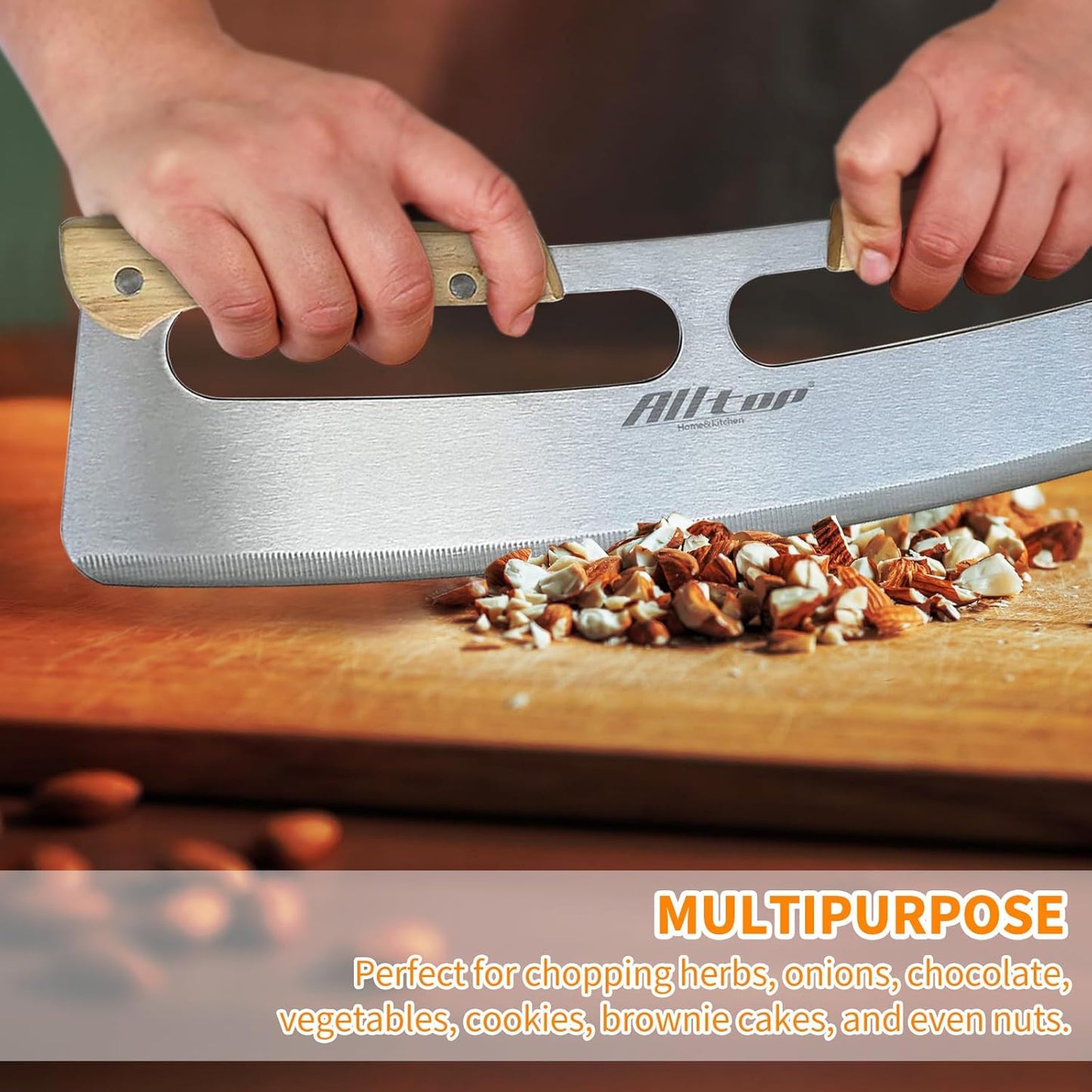 ALLTOP Pizza Cutter Rocker,Stainless Steel Blade Knife With Double Wooden Handle & Plastic Cover, Large Pizza Slicer/Chopper, Essential Kitchen Tool -14 In