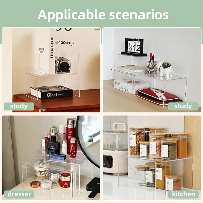 3 Pieces Clear Cabinet Organizer, 5mm Acrylic Kitchen Shelves Organizer Spice Rack Clear Display Shelves, Room Decor Pantry Countertop Desk Organizer Shelves
