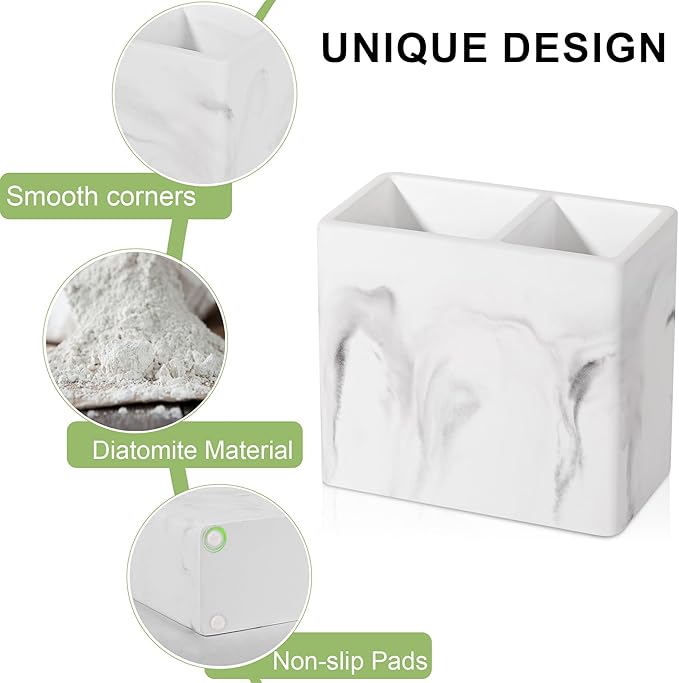 Diatomite Toothbrush Holder 2 Slots Tooth Brush Holder for Bathroom, Kids Electric Toothbrush and Toothpaste Organizer for Countertop, Shower, Vanity, 2 Pack, Marble White