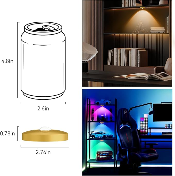 Rechargeable Puck Lights with Remote, 12 Pack Magnetic Under Cabinet Lighting, 1500mAh Battery Operated LED Tap Lights with Dimmer & Timmer for Kitchen, Closet, Shelf - 3 Color Temps & 12 RGB, Gold