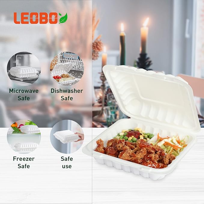 Food Containers Mineral Filled PP Plastic - 7.8 Inch 30oz 65 Pack BPA Free 3 Compartments Shrink Wrap To Go Boxes | Freezer & Microwave Safe for Takeout | White Reusable & Disposable Container