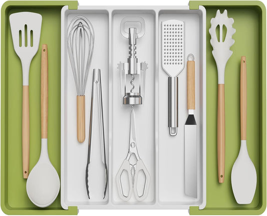 Lifewit Utensil Organizer for Kitchen Drawers, Expandable Cooking Utensil Tray, Adjustable Cutlery Silverware Flatware Holder, Spatula Tools and Gadgets Storage Divider, 13"-22.4" x 15", Green&White