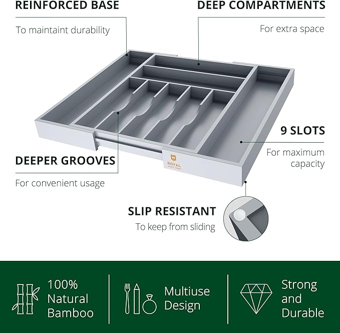 Luxury Bamboo Kitchen Drawer Organizer - Silverware Organizer - Utensil Holder and Cutlery Tray with Grooved Drawer Dividers for Flatware and Kitchen Utensils (9 Slot, Gray)