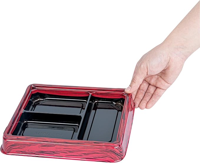 Restaurantware-Bento Tek 16.1 Ounce Meal Prep Containers, 100 Disposable To Go Food Boxes - Lids Sold Separately, 3 Compartments, Red And Black Plastic Bento Lunch Boxes, Freezable, For Take Out