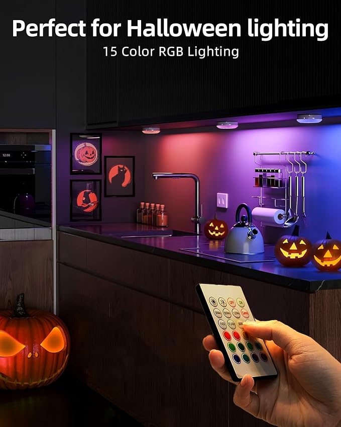 EZVALO 6-Pack Under Cabinet Lighting, Rechargeable Motion Sensor Puck Lights with Remote, 3 Color Temps &12 RGB Colors, Magnetic Stick on Light, Dimmable Under Counter Lights for Kitchen, Shelf, Stair