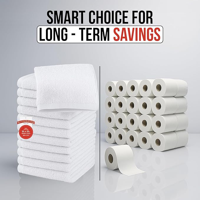 RIVERSIDE 24 Pack Washcloths Set - 100% Cotton [12x12 Inches] - Soft, Quick-Dry & Highly Absorbent Face Towels - Perfect for Bathroom, Gym, Hotel, Spa & Travel - White