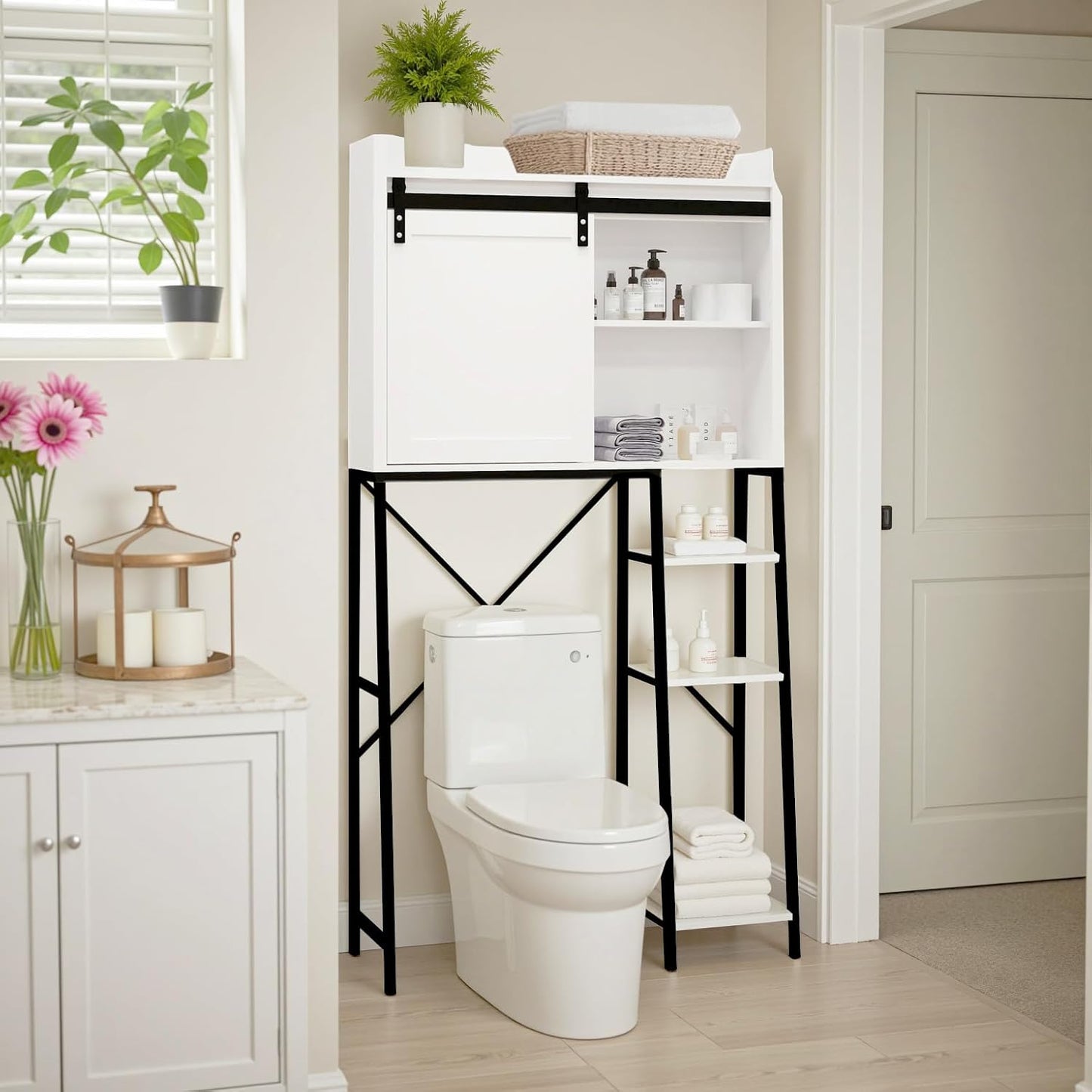 Over The Toilet Storage Cabinet, Over Toilet Bathroom Organizer, Above Toilet Storage Cabinet with Barn Doors Behind Toilet Bathroom Organizer Toilet Paper Holder Stand Laundry Cabinet