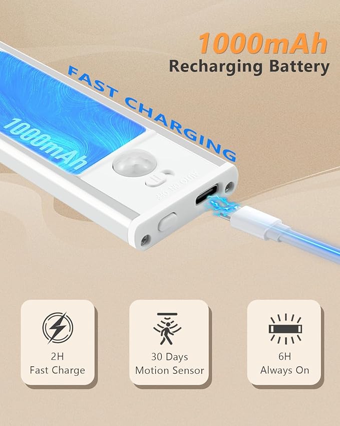 Under Cabinet Lighting, LED Rechargeable Motion Sensor Closet Lights, 3 Color Temps Under Counter Lights, Wireless Dimmable Magnetic Battery Operated Light Indoor for Kitchen, Stairs, Pantry