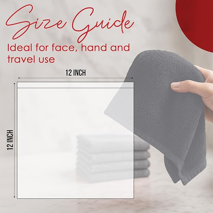 RIVERSIDE 24 Pack Washcloths Set - 100% Cotton [12x12 Inches] - Soft, Quick-Dry & Highly Absorbent Face Towels - Perfect for Bathroom, Gym, Hotel, Spa & Travel - Charcoal