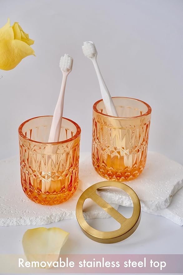 Orange Bathroom Accessories Set, 5Pcs Clear Glass Bathroom Set, Lotion Soap Dispenser, Soap Dish, Tumbler, Toothbrush Holder Set, Qtips Holder for Crystal Vintage Bathroom Countertop