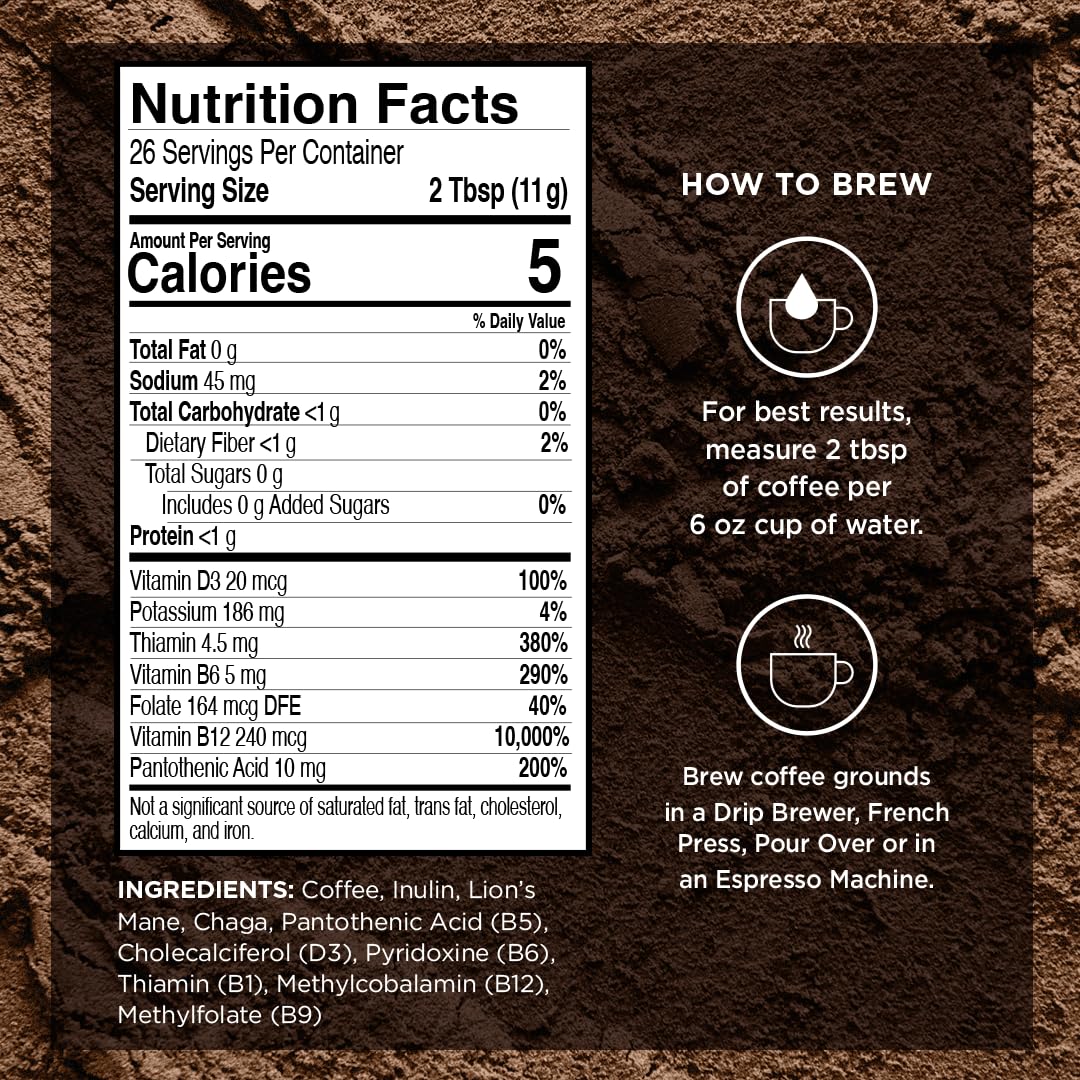 VitaCup Focus Mushroom Coffee Grounds, Vanilla Flavored Coffee with Lions Mane, Chaga, B Vitamins, D3, Boost Focus, Immunity, Memory & Clarity, Medium Dark Roast, 100% Arabica Specialty, 2 bags, 10 oz each