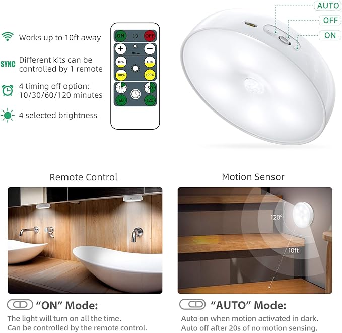 LED Closet Wireless Motion Sensor Step Lights, USB Rechargeable Battery Operated Puck Lights with Remote, Dimmable Under Cabinet Lighting for Counter,Kitchen,Stairs(3 Pack)