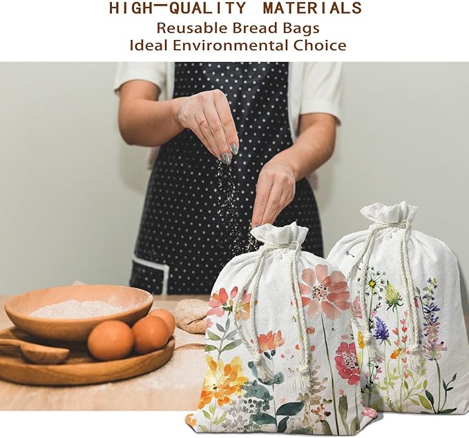 Beeswax Linen Bread Bags for Sourdough, Floral Linen Reusable Bread Bag for Sourdough Homemade Bread 2Pcs, Flower Storage Bread Box for Baker Kitchen Baking Gifts for Women 16.5x12