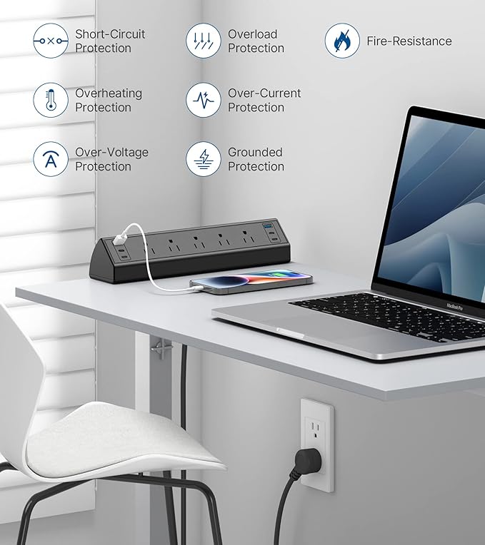 Desk Clamp Power Strip USB C,Under Desk Mount Power Station,20W Fast Charging,Fits 1.9'' Tabletop Edge,Desk Surge Protector,Perfect Home,Office Supplies (Black, 5 Outlets & 6 USB Ports & 10 FT Cable)