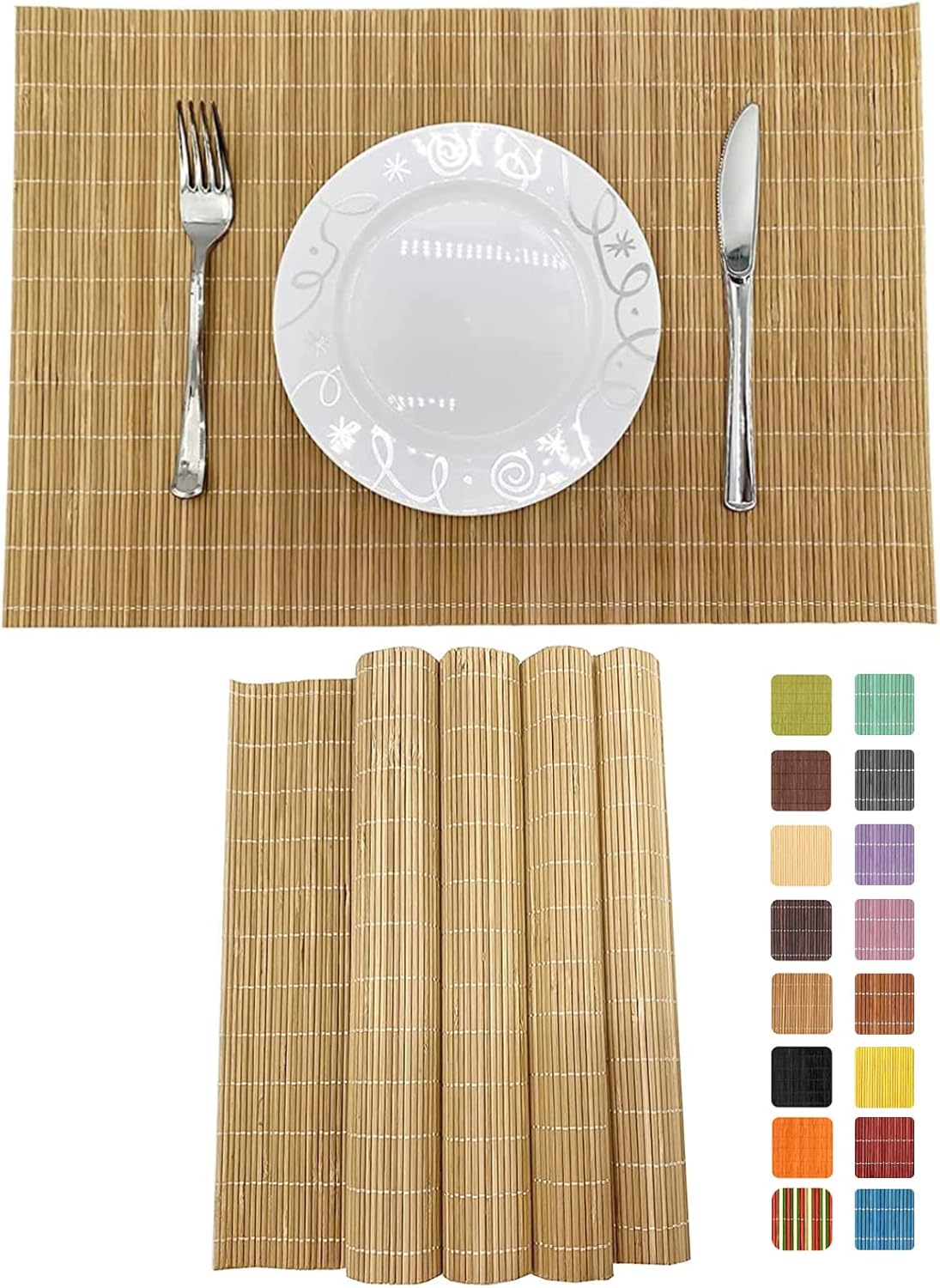 ANDSTAR Set of 4 Pcs Bamboo Placemats Sushi Rolling Mat Japanese Style Natural Anti-Slip Bamboo Placemats Washable Heat-Resistant Table Mats for Dining Room and Kitchen（Brown）