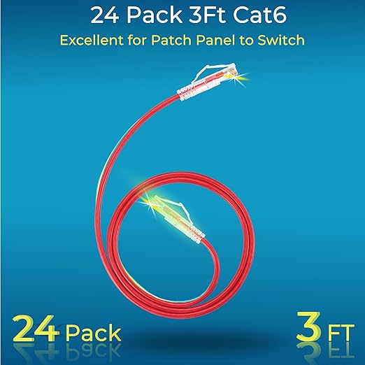 Rapink Slim Cat6/ Cat6a 3ft Ethernet Cables (24 Pack), 10G Support, Snagless, Flexible