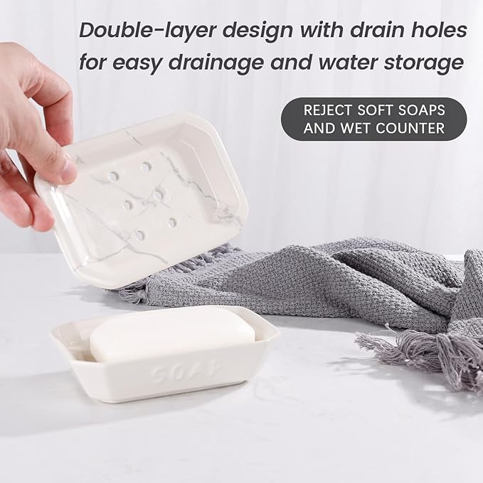Soap Dish, Ceramic Self-draining Soap Holder, Double Layer Bar Soap Holder with Drain, Soap Dishes for Bathroom Shower Kitchen, Easy to Clean Keep Soap Dry, Off-white with Marble Pattern, ANTIS'S HOME