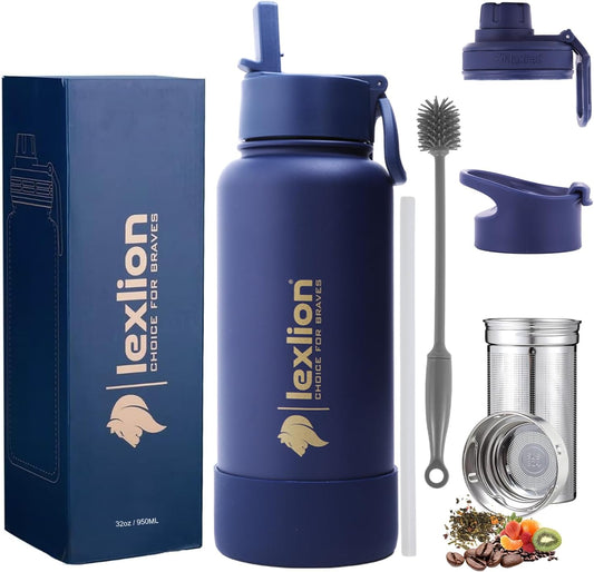 Lexlion Tea Infuser Bottle - Fruit Infuser Water Bottle 32 Oz, Triple Walled Insulated Stainless Steel Bottle, Thermal Leaf Infuser, Silicone Sleeve, 3 Lids Leakproof, Metal Mug Gallon