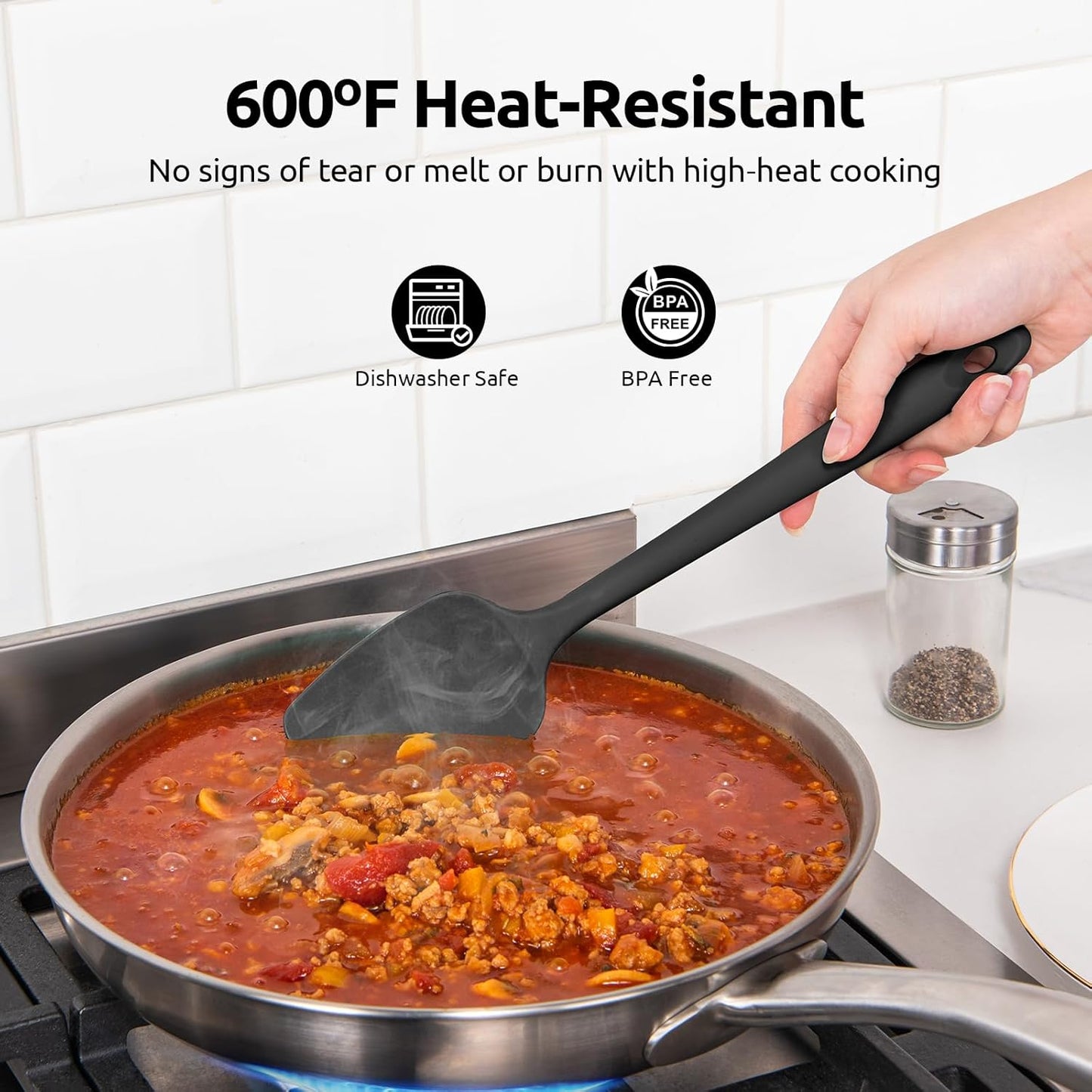 U-Taste Silicone Spatula Set, 600ºF High Heat Resistant, Seamless Food Grade Flexible Rubber Kitchen Cooking Mixing Baking Scraper for Nonstick Cookware Set of 3 (Black)