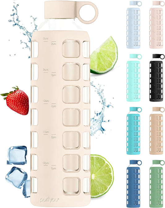 purifyou 40oz / 32oz / 22oz / 12oz Borosilicate Glass Water Bottle with Time & Volume Markers, Silicone Sleeve, Stainless Steel Lid – Reusable Glass Bottle for Water & Juice (32oz Pearled Ivory)