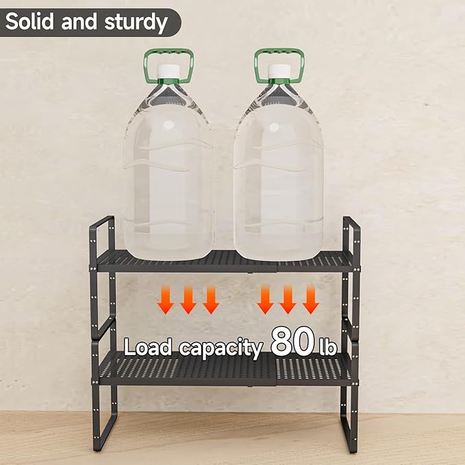 2Pack 16.5-27’’L Expandable Cabinet Countertop Shelf Organizer, Stackable Metal Shelves, Kitchen Organizers and Storage, Black Storage Spice Rack for Pantry and Cupboard