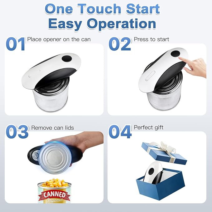 Electric Can Opener for Seniors, Rechargeable Automatic Canopener Smooth Edge, Kitchen Aid Gadgets Perfect for Chef, Arthritis Friendly, Hands Free, One Touch Design, Easy to Use