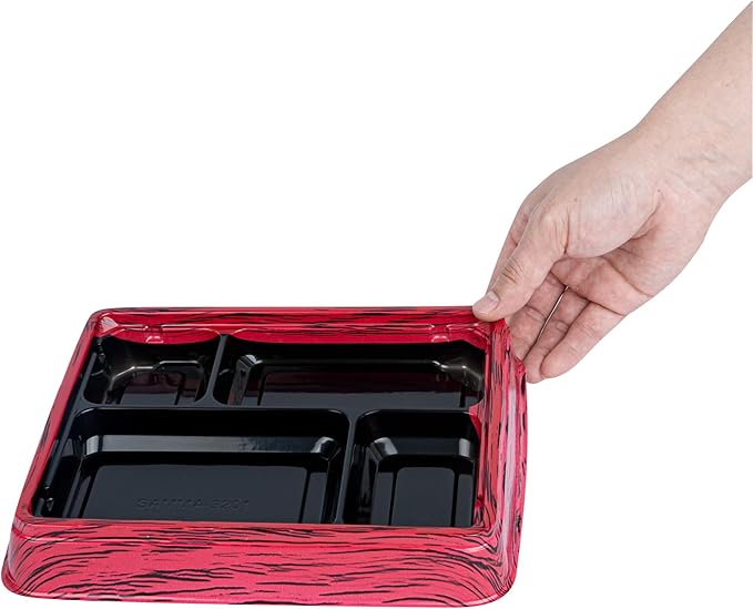 Restaurantware Bento Tek 15.2 Ounce Meal Prep Containers, 100 Disposable To Go Food Boxes - Lids Sold Separately, 4 Compartments, Red And Black Plastic Bento Lunch Boxes, Freezable, For Take Out