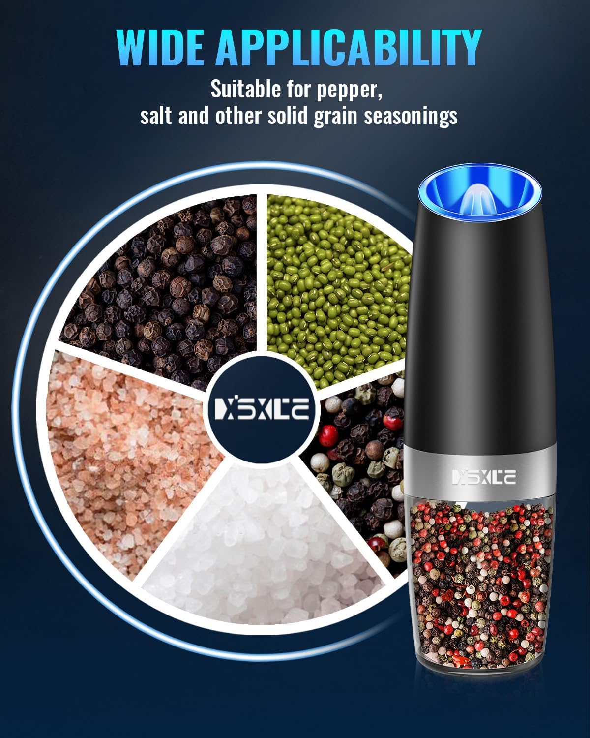 XinXu Gravity Electric Pepper and Salt Grinder Set, Adjustable Coarseness, Battery Powered with LED Light, One Hand Automatic Operation, Black -2 Pack