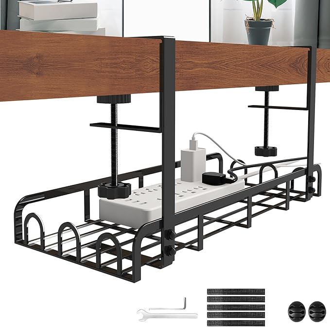 Sleclean Under Desk Cable Management Tray, Upgraded Long Arm Clamp, 16.6"x7.1" No Drill Steel Organizers, Cable Tray with Clamp for Wire Management, Home - No Damage to Desk
