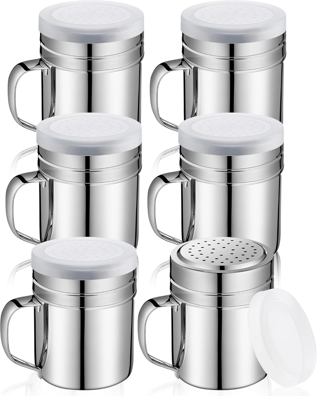 Lallisa 6 Pcs 10oz Stainless Steel Salt and Pepper Shakers with Lid and Handle Dredge Spice Seasoning Condiment Popcorn Salt Shaker Powder Sugar Flour for Cooking Kitchen Baking