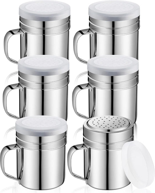 Lallisa 6 Pcs 10oz Stainless Steel Salt and Pepper Shakers with Lid and Handle Dredge Spice Seasoning Condiment Popcorn Salt Shaker Powder Sugar Flour for Cooking Kitchen Baking