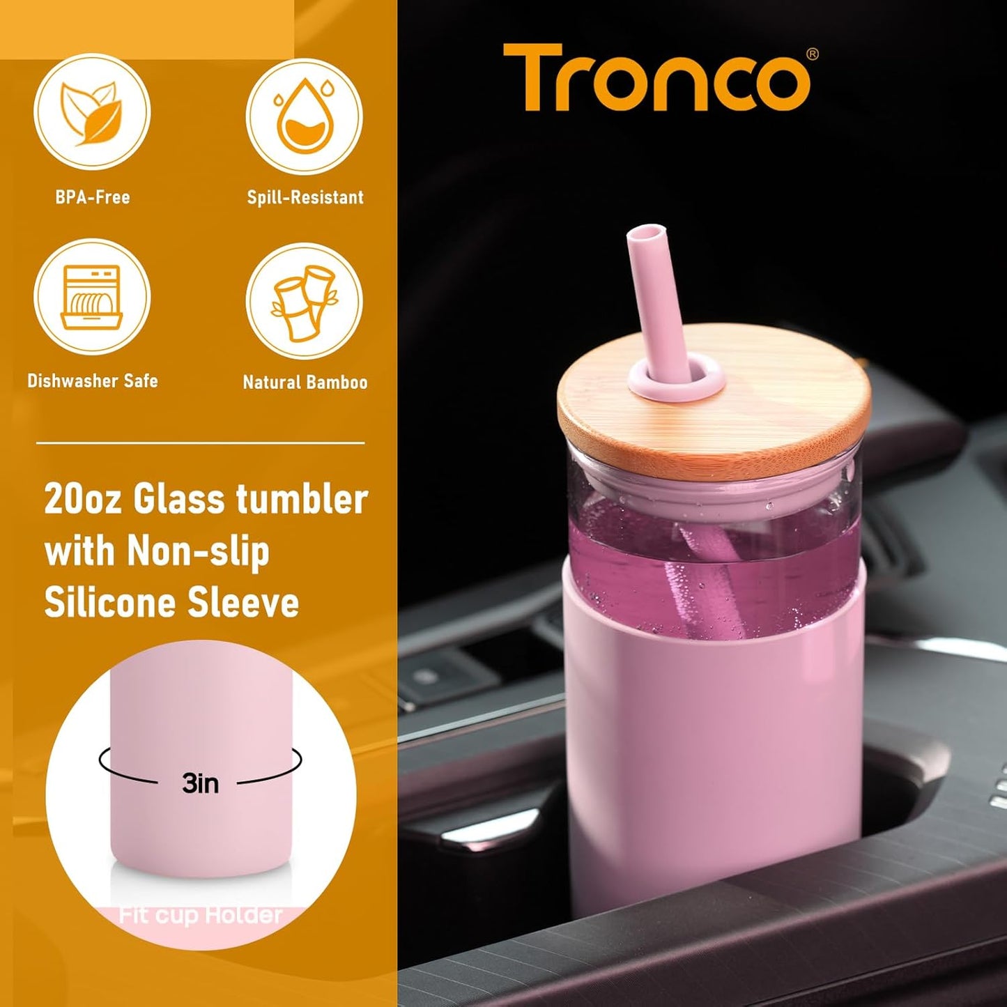 Tronco 20 oz Glass Tumbler with Lid & Straw - Iced Coffee Cup & Smoothie Cup With Silicone Sleeve | BPA-Free, Dishwasher Safe | Reusable Glass Cups with Bamboo Lids and Straws (Watermelon, 1 Count)