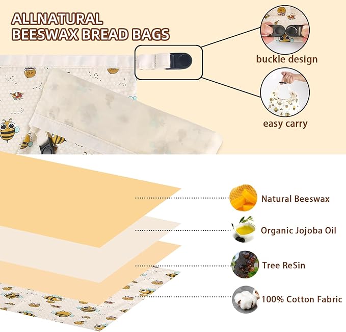 Reusable Beeswax Bread Bags for Homemade Bread, 17"×13" Natural Beeswax Cotton Sourdough Breads Bags, Easy to Clean Food Storage Bag, Bakery Essentials (2 Pack)