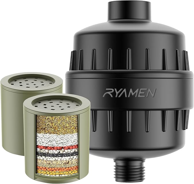 Ryamen Heavy Duty Shower Filter, Shower Water Filter, 99% REMOVAL Shower Head Filter for Hard Water, Heavy Metals, Chlorine, Enhanced Water Filtration for Healthier Skin and Hair (Black)
