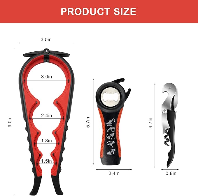 Jar Opener for Weak Hands, Seniors with Arthritis, 5 in 1 Multi Function Bottle Opener Lid Opener For Arthritic Hands with Corkscrew Wine Opener (red)