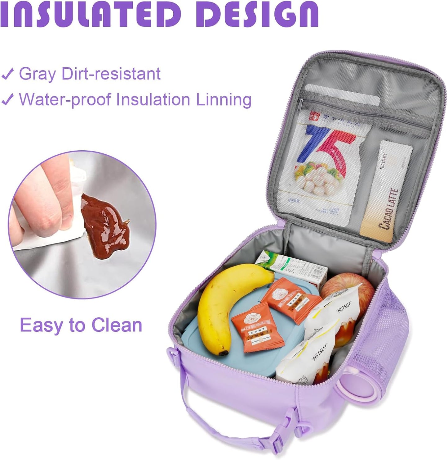 Initial Insulated Lunch Bag for Girls Kids, Back to School Gift, Reusable Leak-proof Lunch Box with Adjustable Strap for School Daycare Travel Picnic (Purple,N)