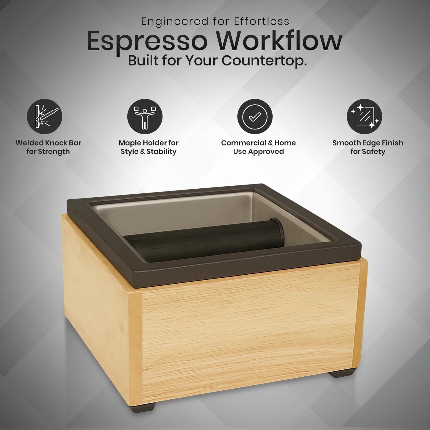 Rattleware Stainless Maple Holder Knock Box - Perfect for Home, Cafe, Restaurant, Hotel, Office, or Commercial Establishment - Heavy Duty Knock Box Trusted By Baristas Worldwide (6″ x 5.5″ x 4″)