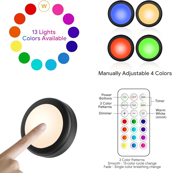 Yiliaw LED Puck Lights with Remote Control, AA Battery Operated Lights, 12 Color Closet Light Under Cabinet Counter Lighting, Push Light, Tap Light for Kitchen, 9 Pack, Black