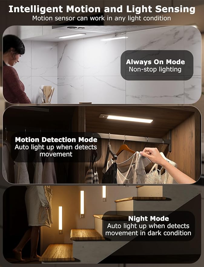 12" Ultra-Thin Under Cabinet Lighting Wireless, Aluminum Alloy Under Counter Lights for Kitchen, 3-Color-Temps Magnetic Closet Lights, Rechargeable Motion Sensor Light Indoor (8 Pack, Silver)
