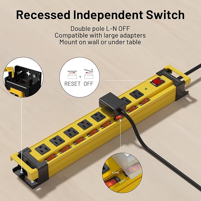 Plug'n 8 Outlet Long Power Strip,2700J Surge Protector with Individual Switches,Wide Spaced,Heavy Duty Power Strip with 6FT/14AWG/15A Power Cord and Flat Plug for Workshop,Garage,Industrial,Home