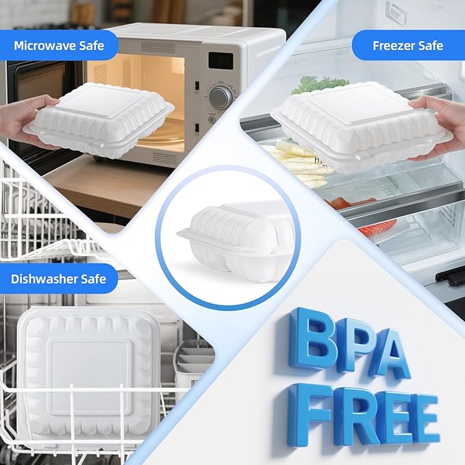 YANGRUI Food Containers 7.8" 30 oz 65 Pack - Shrink Wrap Mineral Filled BPA Free PP Plastic | Heavy Duty Microwave Safe | Individual Portion 3 Compartment | Restaurant White Takeout container
