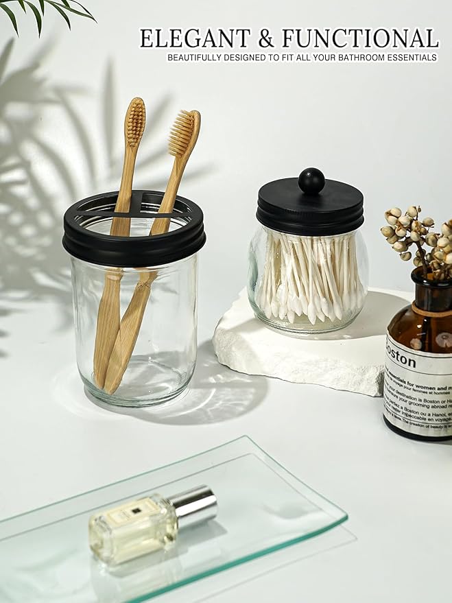 Haturi Mason Jar Bathroom Accessories Set, 4Pcs Glass Bathroom Accessory Set Complete w/Soap Dispenser, Toothbrush Holder, Qtip Holder, Vanity Tray, Rustic Farmhouse Decor, Gift for Apartment (Black)