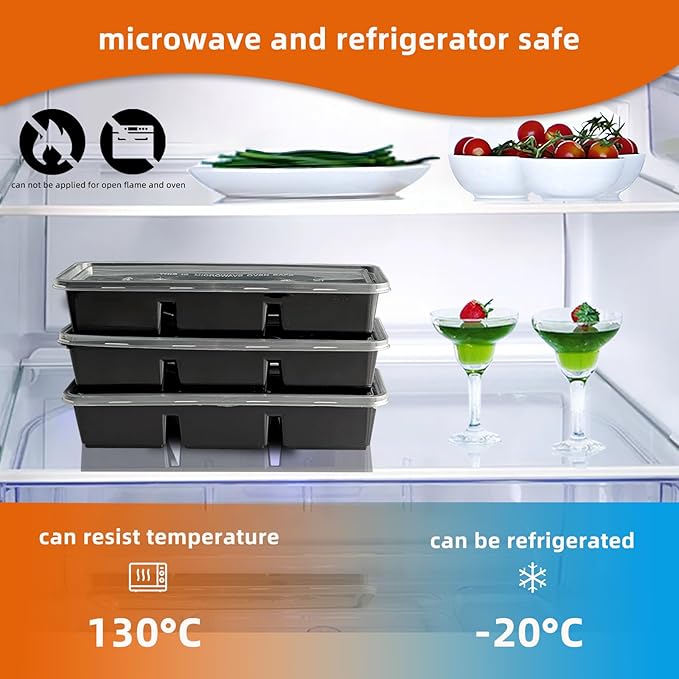 Disposable Food Storage Containers with Lids Meal Prep 3-Compartment To Go Take Out Plastic Black, Sturdy Leakproof Food Safe, Microwave Freezer Dishwasher Safe (10, 3 compartment)