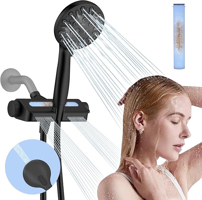 Filtered Shower Head with Handheld Combo, Hard Water Filter Shower Head with 9 Shower Modes, Dual Shower Heads High Pressure, Shower Filters to Remove Chlorine and Fluoride (Matte Black)